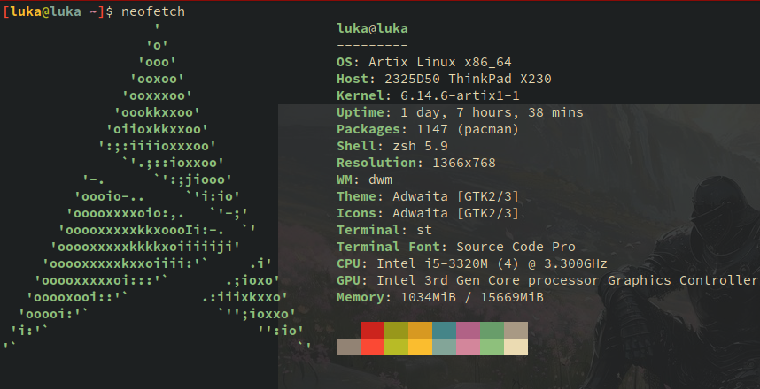 screenshot of neofetch showing Artix
